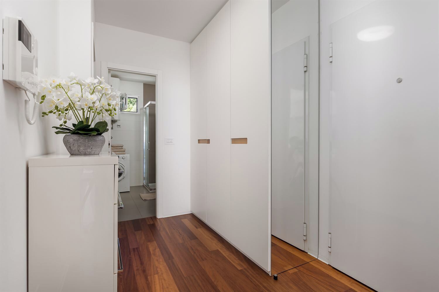 A hallway with a wooden floor, a potted orchid, a washing machine, and a glass shower door.