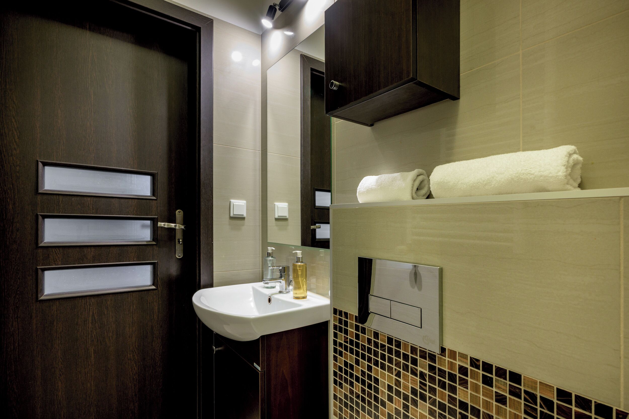 A modern bathroom with a dark wood door, a white sink, and a towel rack.