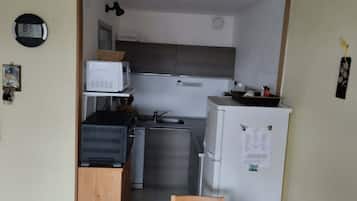 Frigorífico, microondas, horno y placa de cocina