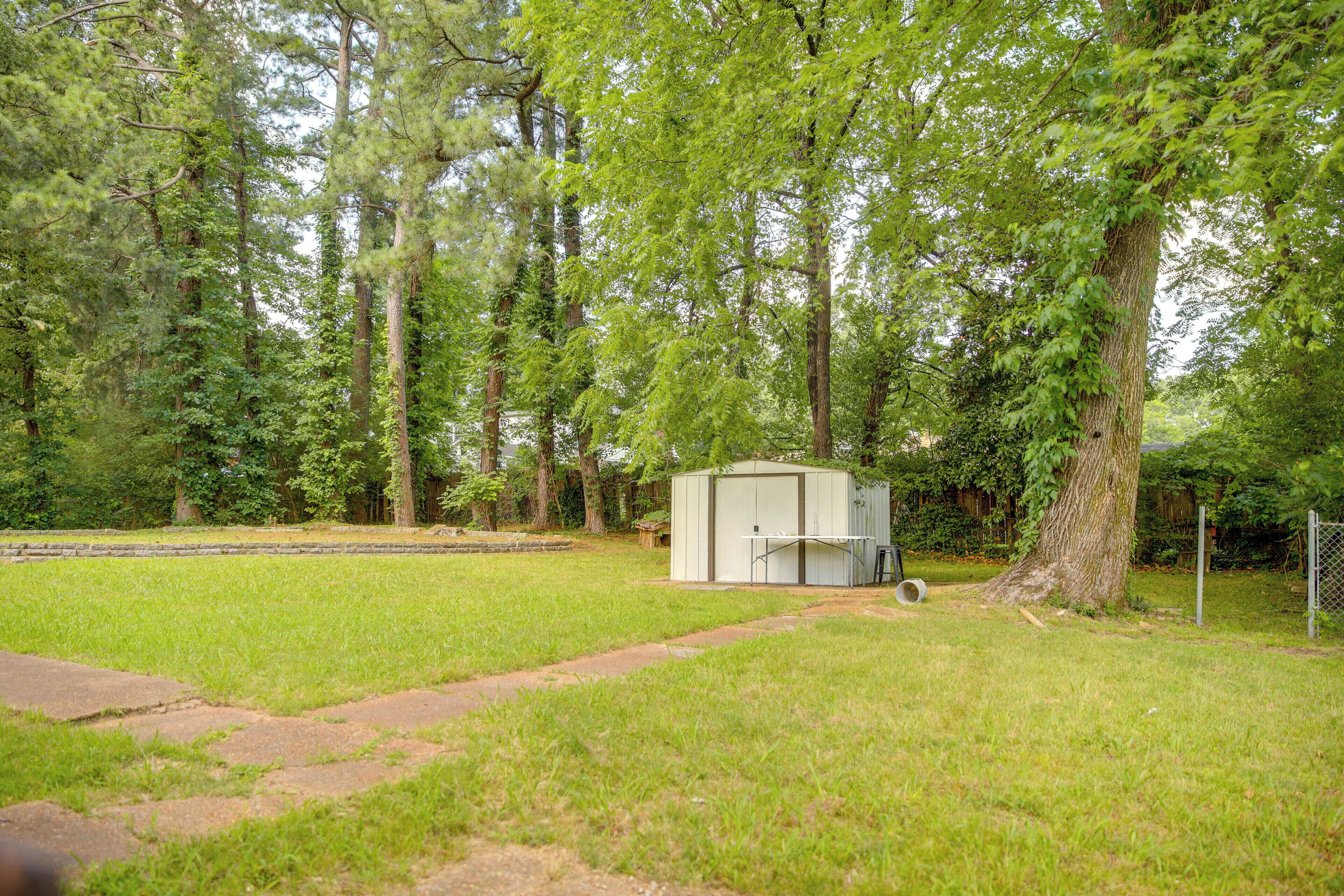 A grassy area with a small shed and a tree.
