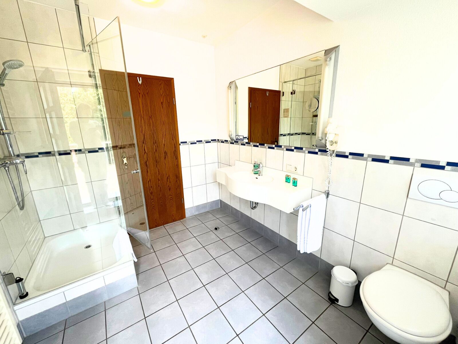 A modern bathroom with a glass shower enclosure, a wooden door, a white sink with a mirror above it, and a toilet.