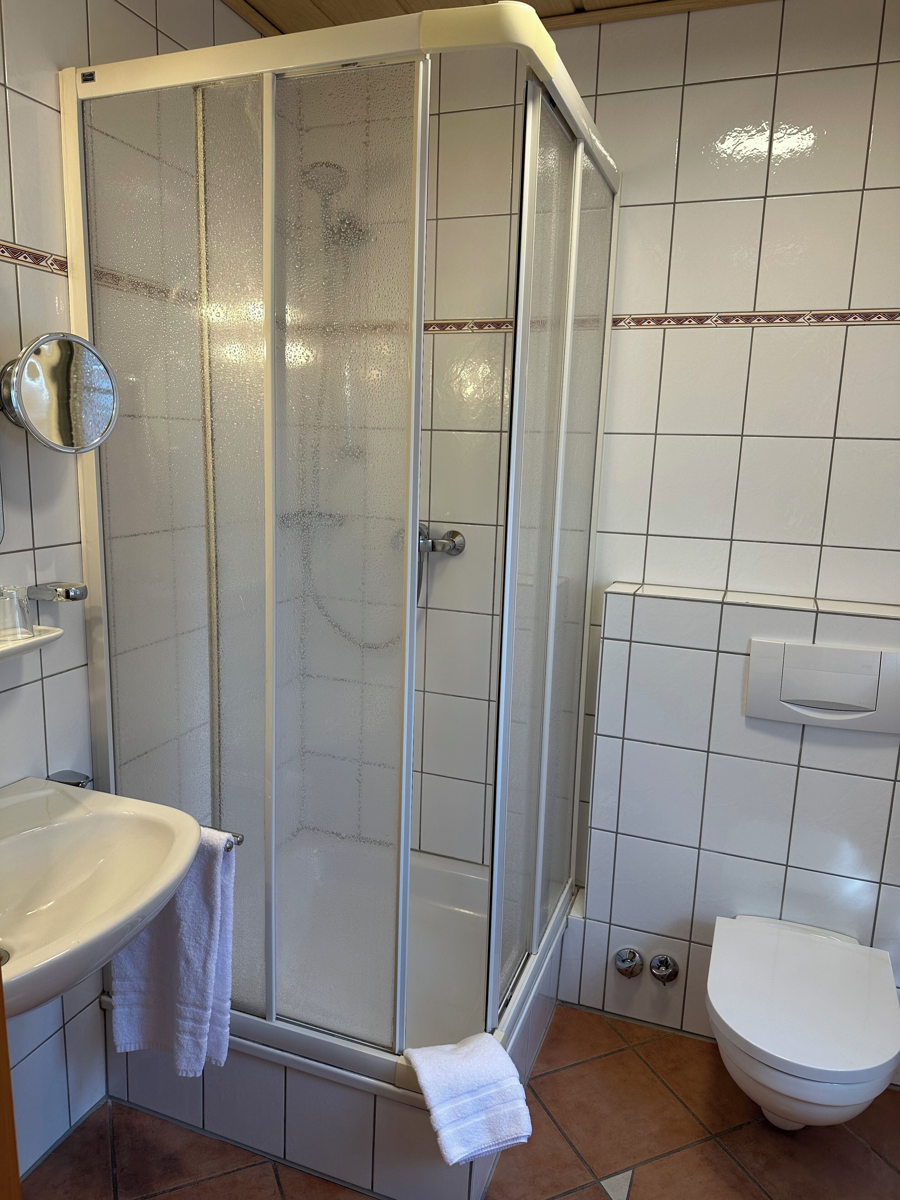 A bathroom with a glass-enclosed shower, a sink with a towel, and a toilet.