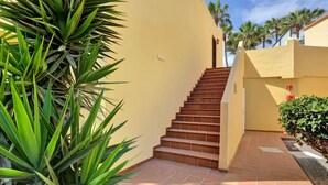 Una escalera conduce a un edificio con fachada amarilla, rodeado de vegetación y palmeras.
