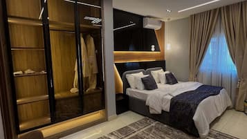 Desk, laptop workspace, blackout drapes, soundproofing