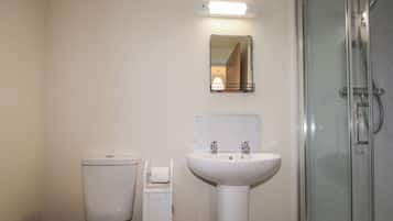 A bathroom with a toilet, a sink, and a glass-enclosed shower.