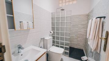 Quarto duplo | Banheiro | Chuveiro, toalhas de banho, sabonete, shampoo