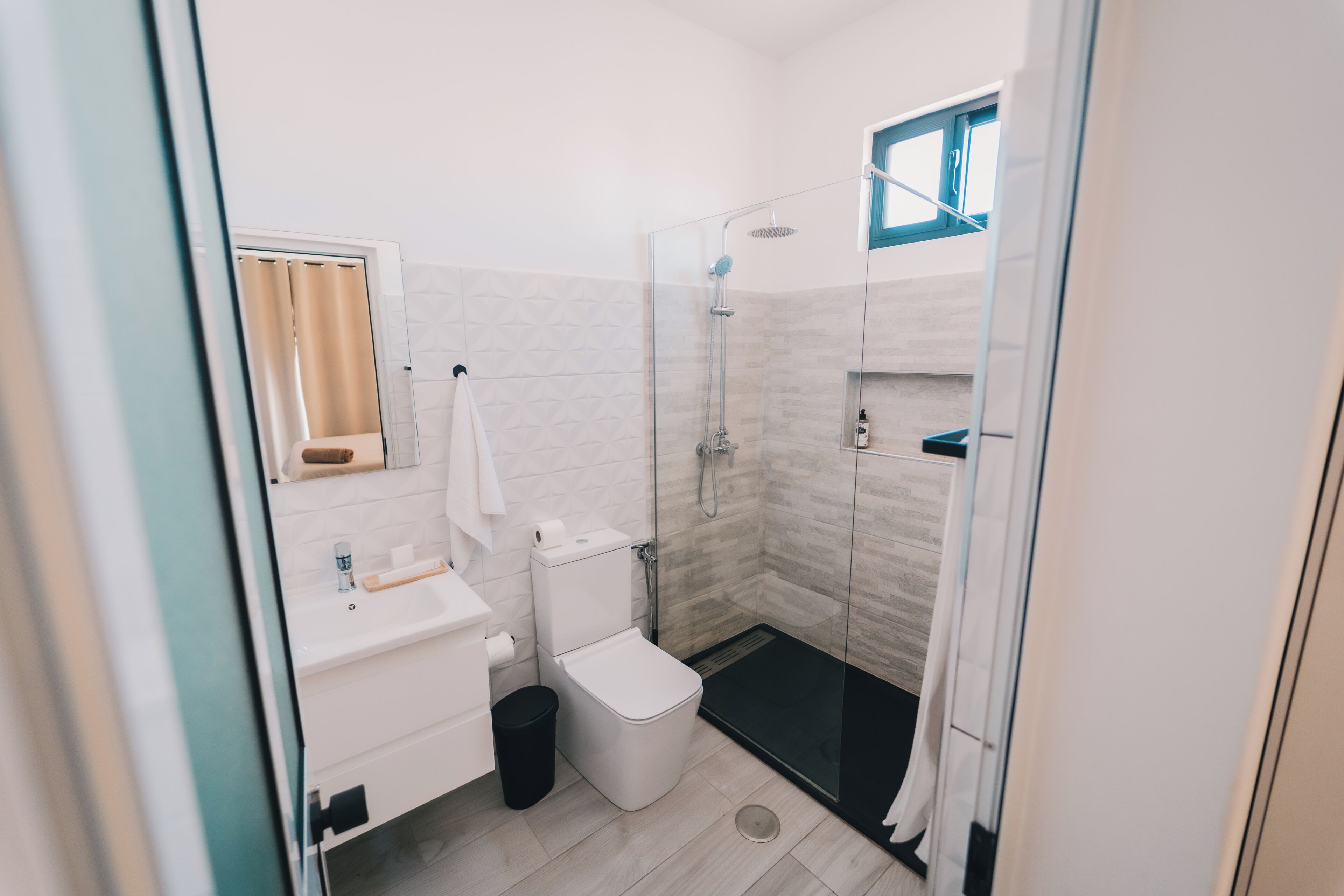 A modern bathroom with a glass shower enclosure, a white sink, and a toilet.