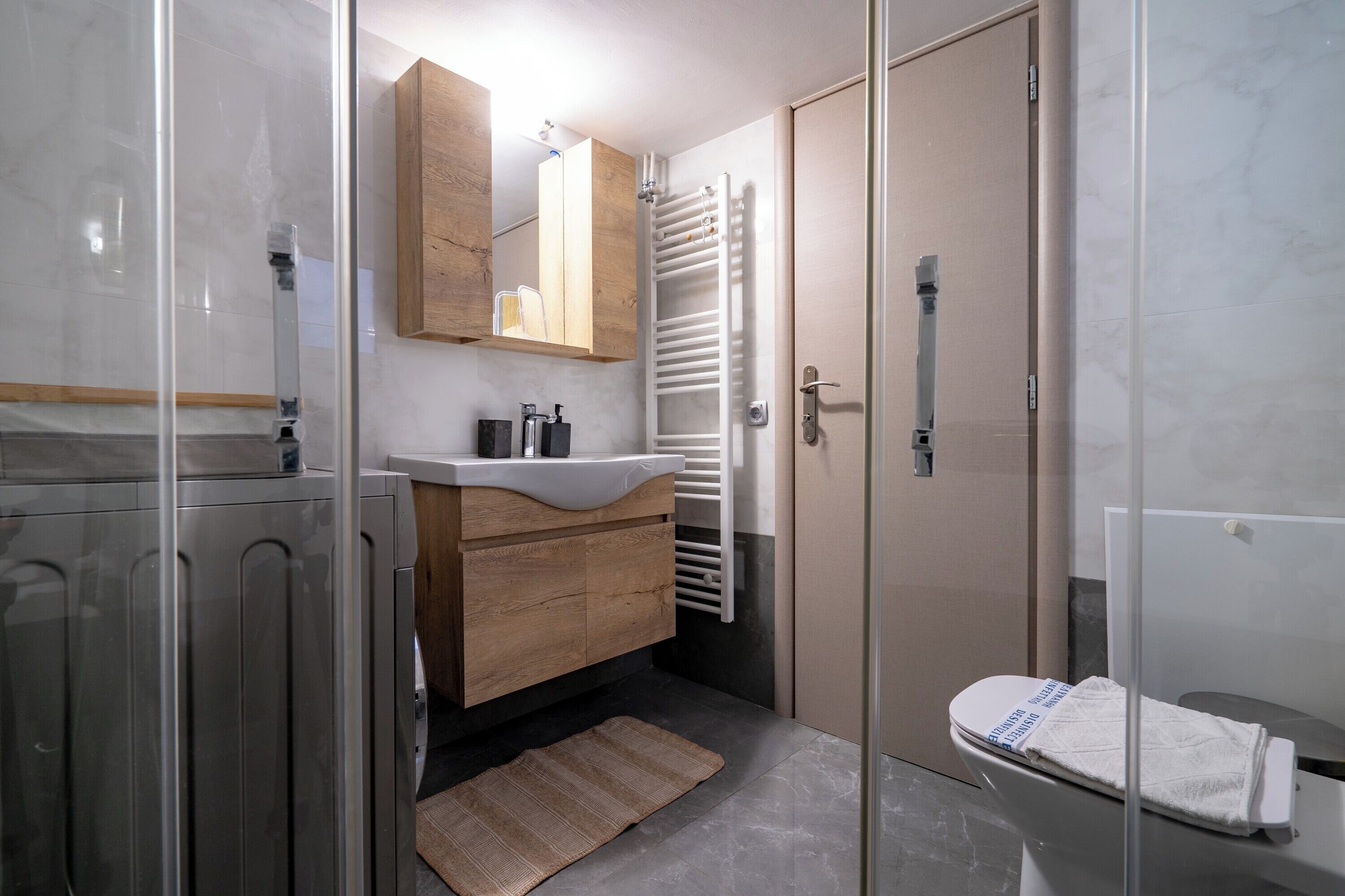 Hair dryer, towels, soap, toilet paper
