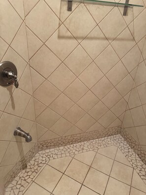Regadera, toallas, jabón, papel de baño