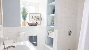 Hair dryer, towels, soap, shampoo