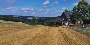 A rural landscape with a house, fields, and a road. - Ferienhaus Villa Zauberblick am Rennsteig Frankenwald. Pets welcome! (Ludwigsstadt)