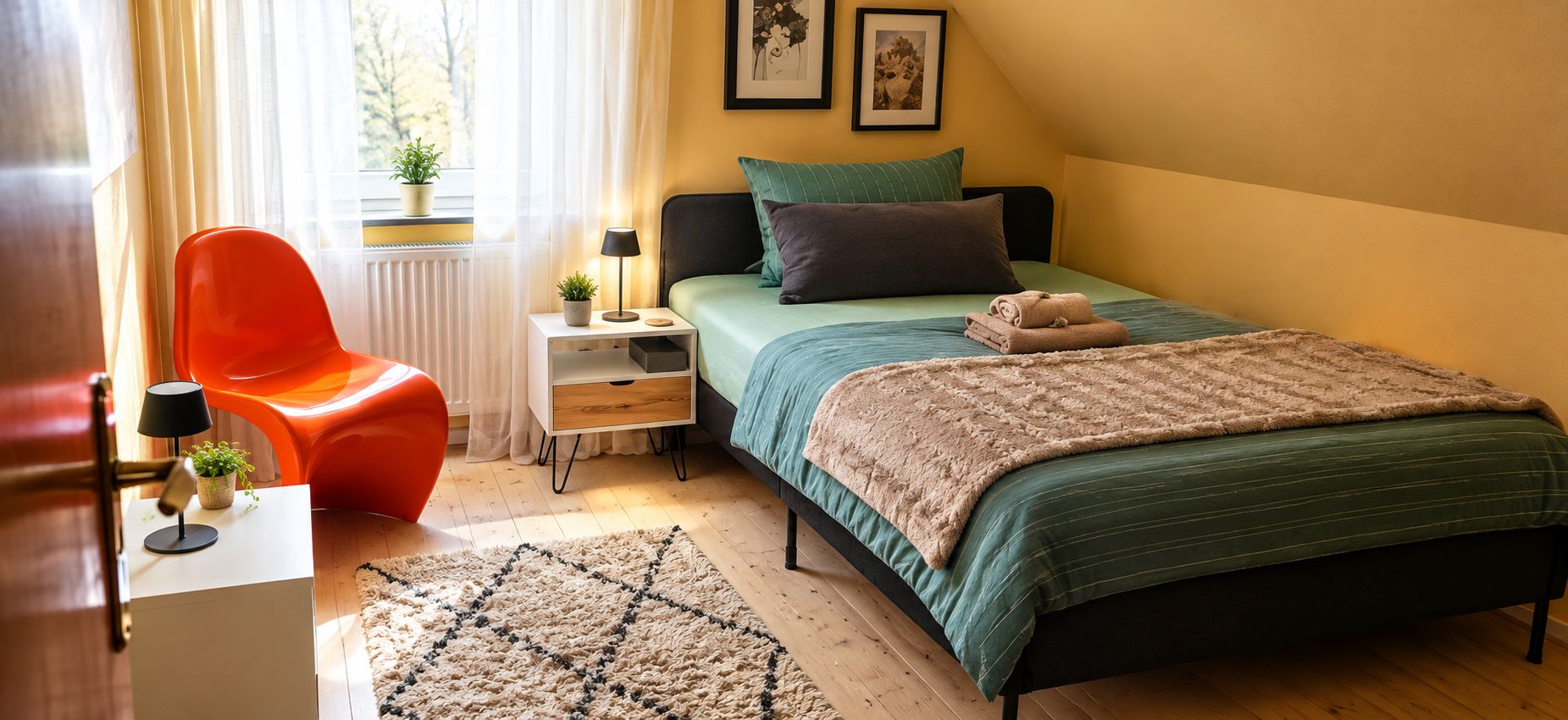 Une chambre à coucher comprenant un lit, une table de chevet, une lampe, une chaise et une vue sur l’extérieur.