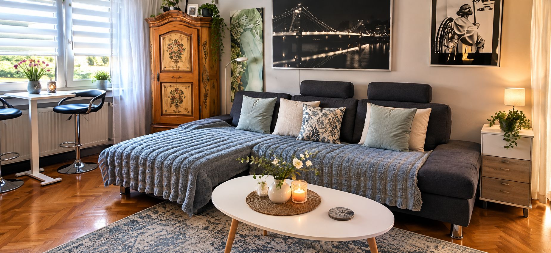 Ein modernes Wohnzimmer mit einer Couch, einem Couchtisch und einem Schrank.