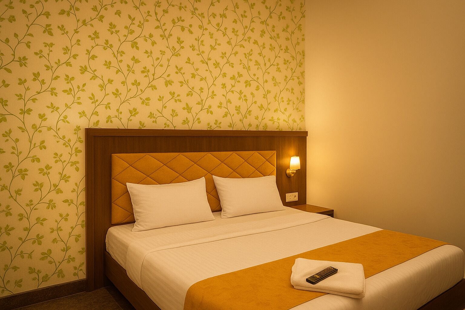 A hotel room with a bed, a nightstand, a lamp, and a remote control on the bed.