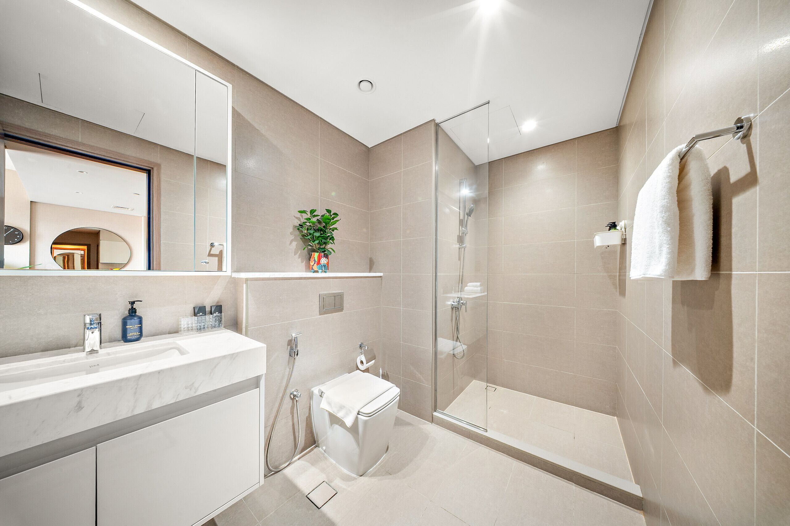 Shower, hair dryer, towels