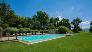 Ein rechteckiger Swimmingpool mit glasklarer, blauer Wasseroberfläche, umgeben von einer Rasenfläche und einer Steinmauer.