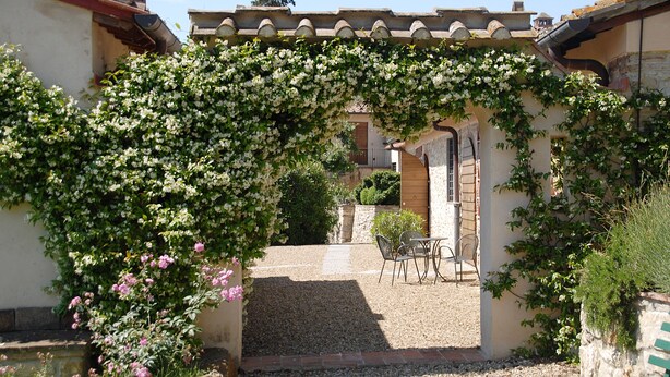 Eine Terrassengrundstück mit einer Pergola, die in blühende Weinreben gerankt ist, einem Kiesweg und einer Sitzgruppe mit Stühlen und Tisch.