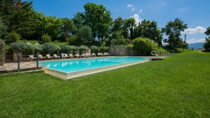 Ein rechteckiger Swimmingpool mit glasklarer blauer Wasseroberfläche, umgeben von einem gepflegten Rasen und einer Steinmauer.