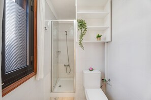 Une salle de bain avec une douche à parois de verre, des toilettes blanches et une étagère sur laquelle est posée une plante.