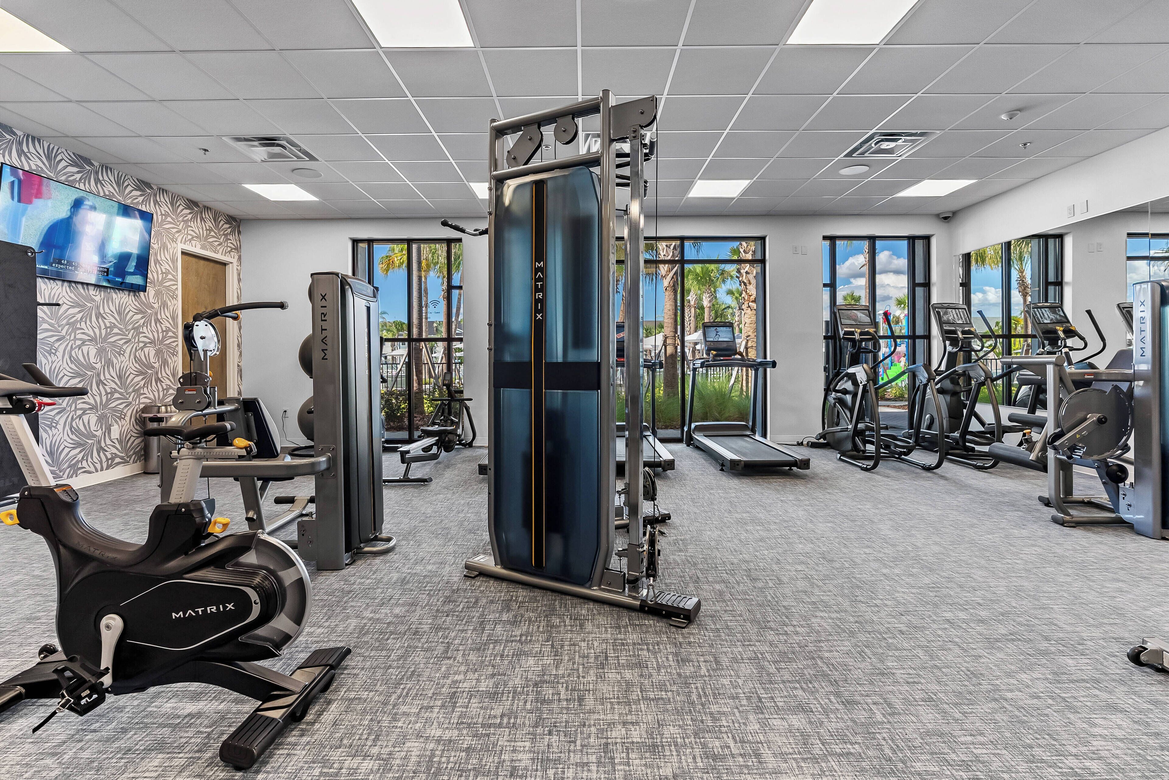 A modern gym with cardio machines, weight training equipment, and large windows offering views of palm trees.