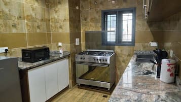 Apartamento económico, balcón, vistas a la ciudad | Cocina privada | Frigorífico, microondas, horno y placa de cocina