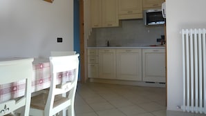Una cocina con armarios blancos, microondas y radiador.