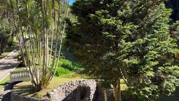 Una estructura de piedra con un sendero que la conduce, rodeada de vegetación exuberante y árboles.