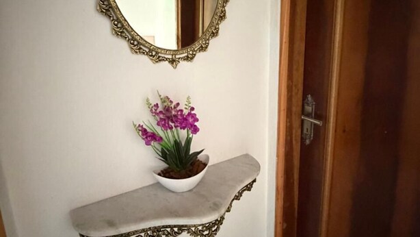 A mirror with an ornate frame, a small shelf with a potted plant, and a wooden door. - VERDE VALLE POUSADA (Sao Lourenco da Serra)