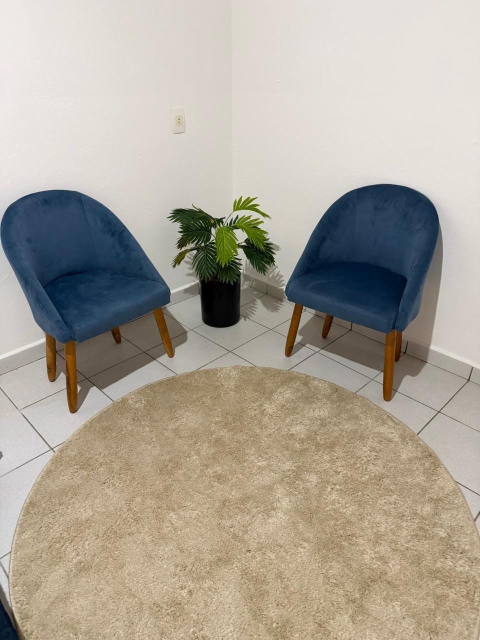 Dos sillones azules con patas de madera, una alfombra color beige y una planta en maceta en una esquina.