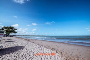 Een strand met heldere lucht, een boom en een pier in de verte.