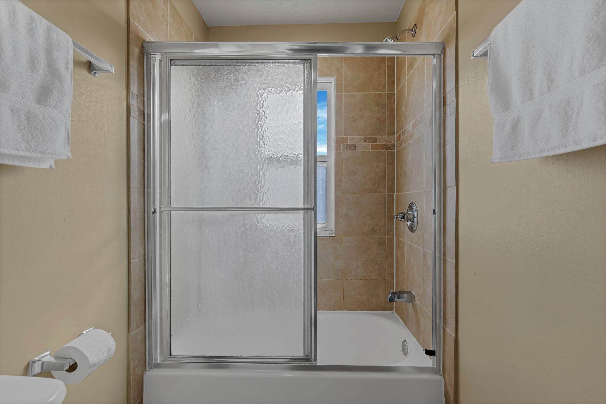 Shower, hair dryer, towels