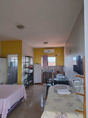 A compact room with a bed, a small kitchenette, a bathroom with a shower, and a television.