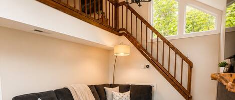Smart TV, fireplace, books