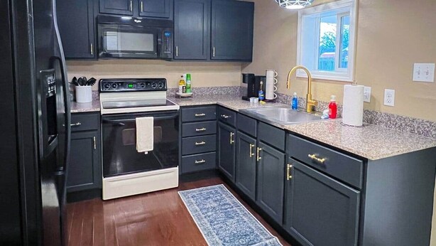 Une cuisine moderne avec des meubles de couleur sombre, un réfrigérateur en acier inoxydable, un four à micro-ondes, une cuisinière et un évier avec un robinet.