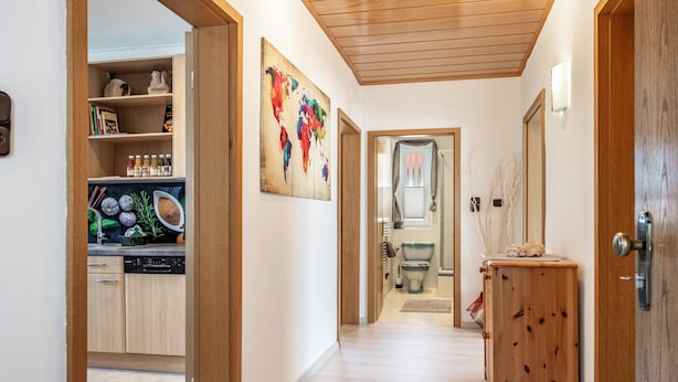 A hallway with a wooden door, a kitchen area with cabinets and a dishwasher, and a bathroom with a toilet and shower. - Apartment 'Messe-und-Ferien-Wohnung' with Wi-Fi (Seelze)