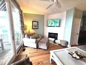 Smart TV, fireplace, books