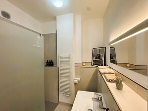 Shower, hair dryer, towels, toilet paper