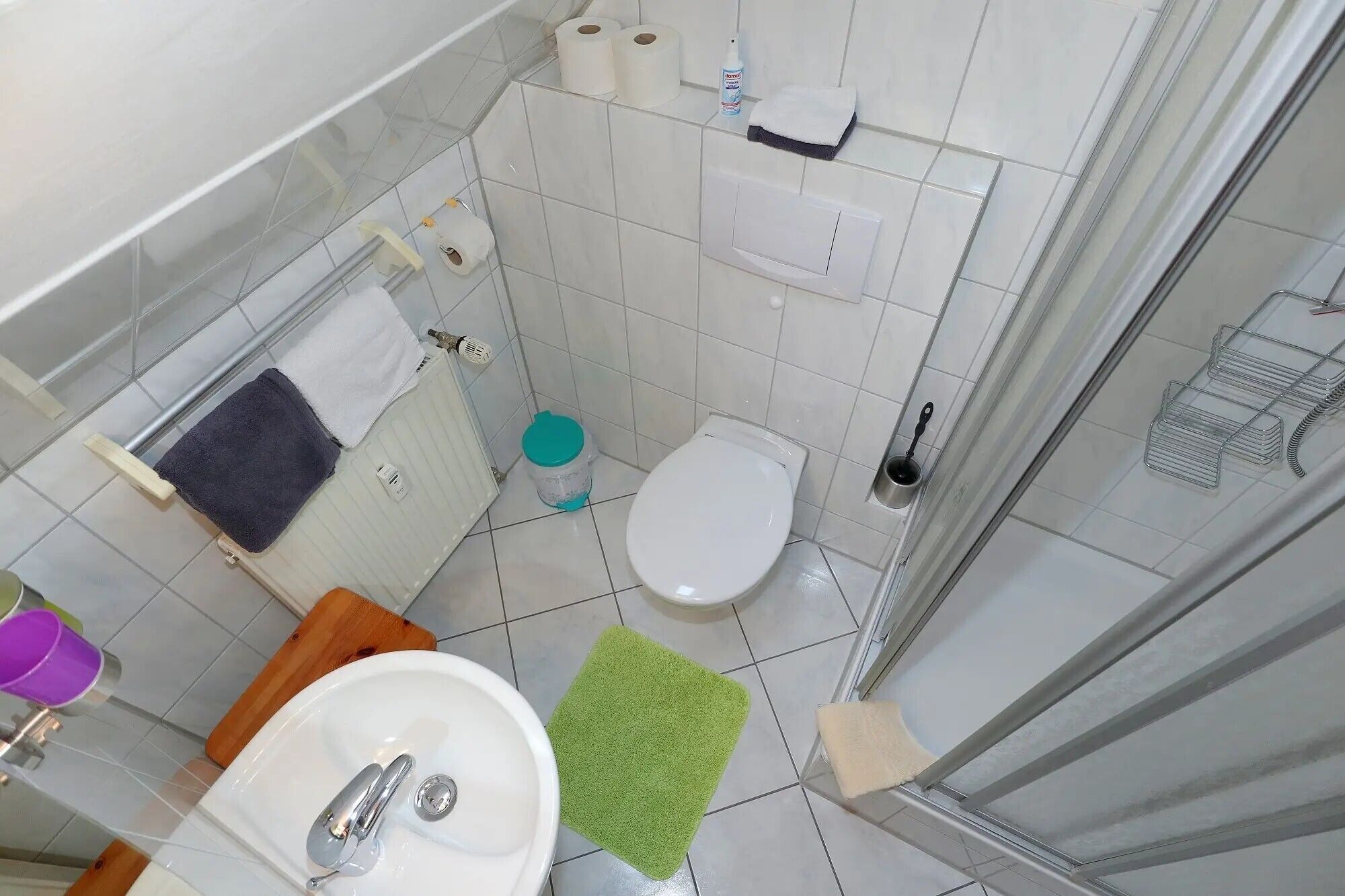 Un baño con inodoro, lavamanos, ducha y distintos artículos de aseo.