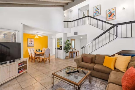 House | Living area | 43-inch flat-screen TV with cable channels, fireplace. @ Marbella Lane - Gem w/ Outdoor Fun Pool & Trails