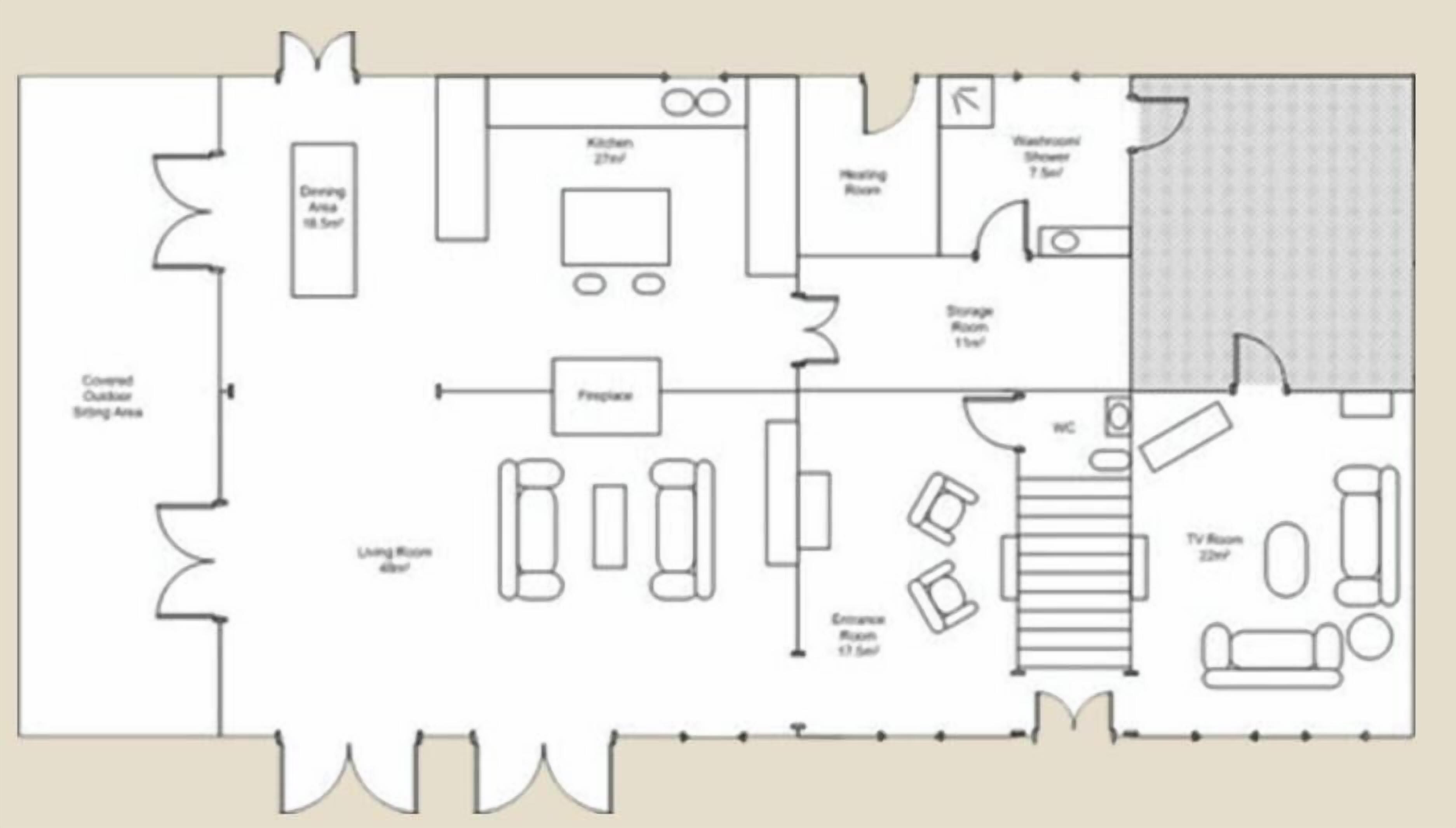A floor plan with a covered outdoor seating area, a dining area, a kitchen, a living room, a bathroom, a storage room, a TV room, and a conference room.