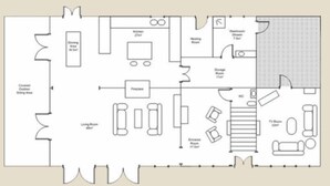 A floor plan with a covered outdoor seating area, a dining area, a kitchen, a living room, a bathroom, a storage room, a TV room, and a conference room. - Country House Amista by Italita (Nizza Monferrato AT)