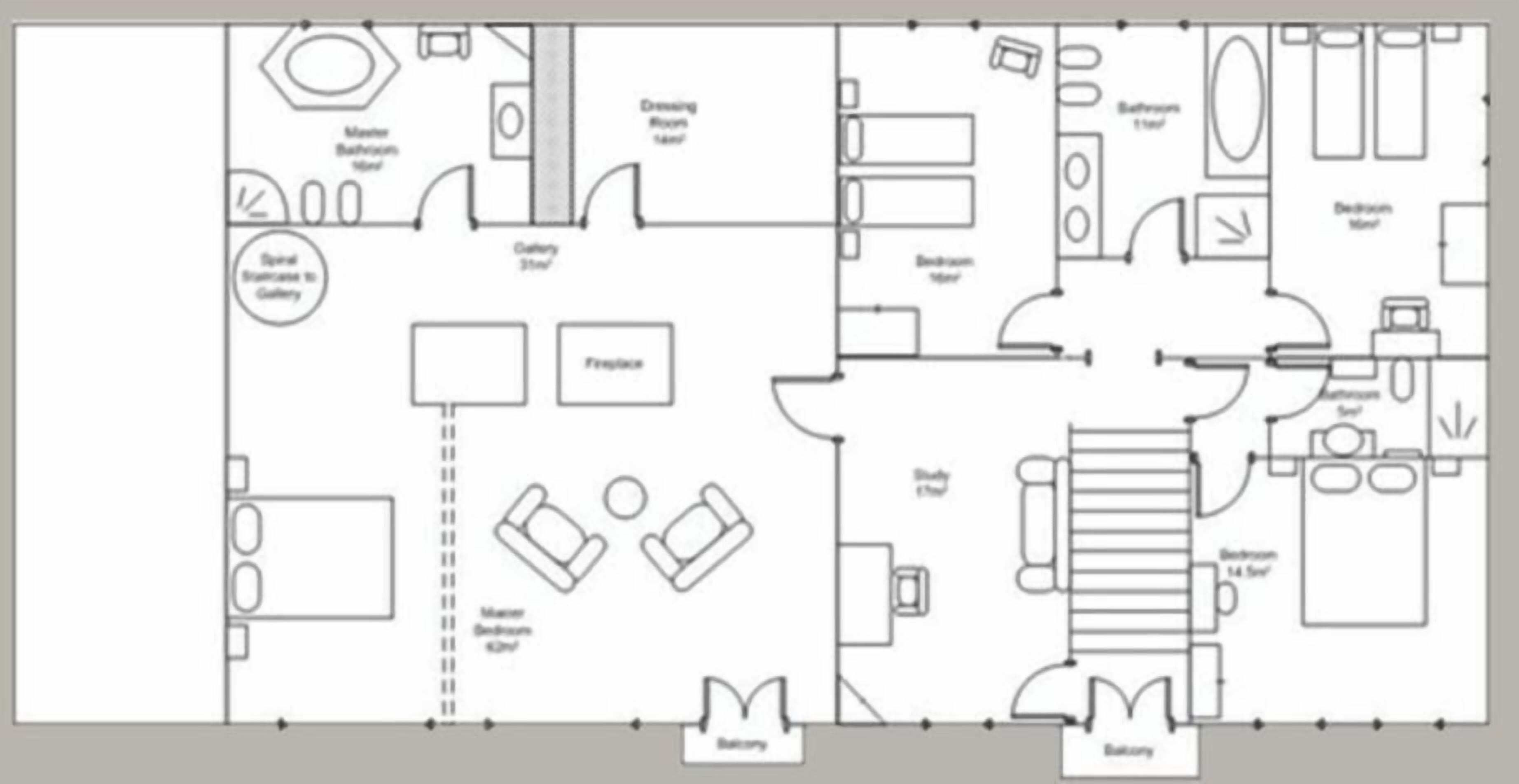 A hotel floor plan with a master bathroom, two bedrooms, a dining room, a kitchen, a fireplace, and a balcony.