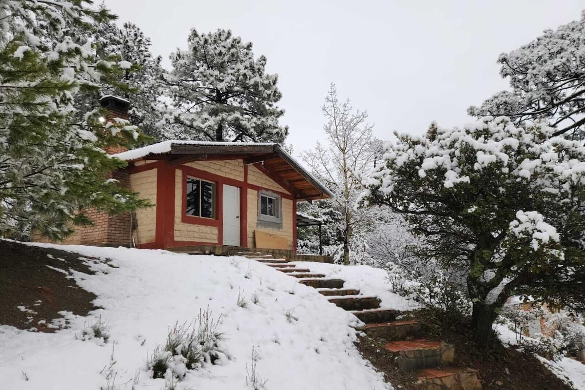 Una cabaña pequeña de dos pisos con fachada roja y color beige, rodeada de árboles cubiertos de nieve y una escalera de piedra que lleva a la entrada.
