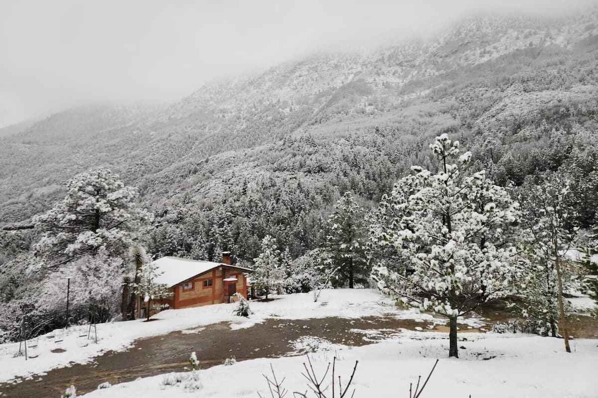 Una cabaña rústica rodeada de árboles y colinas cubiertas de nieve.