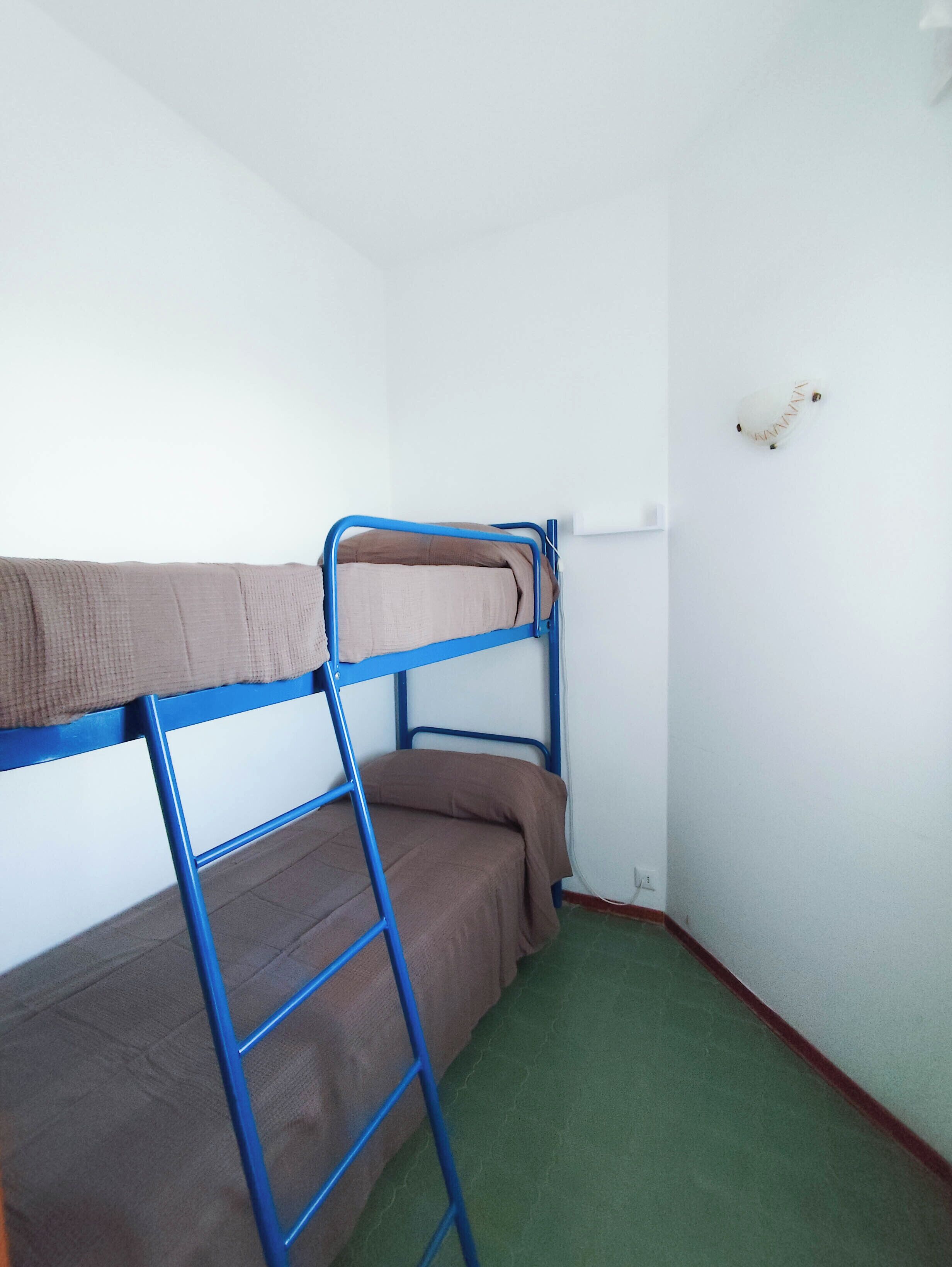 A bunk bed room with a ladder, a green carpet, and a white wall.