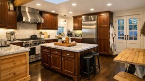A modern kitchen with wooden cabinets, a stainless steel refrigerator, and a large island. - Charming 2-bedroom bed & breakfast in superb Seattle neighborhood (Seattle)