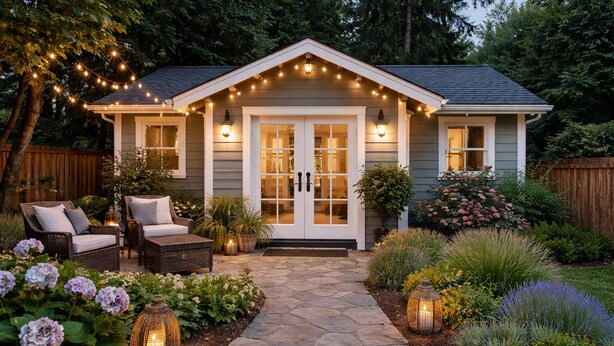 A cozy outdoor patio area with wicker furniture, a stone pathway, and string lights. - Charming 2-bedroom bed & breakfast in superb Seattle neighborhood (Seattle)