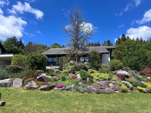 A modern house with a garden featuring various plants and rocks.
