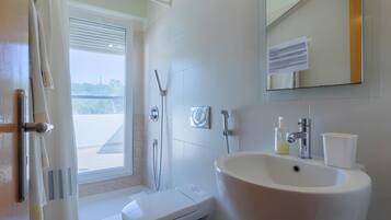 Shower, hair dryer, towels