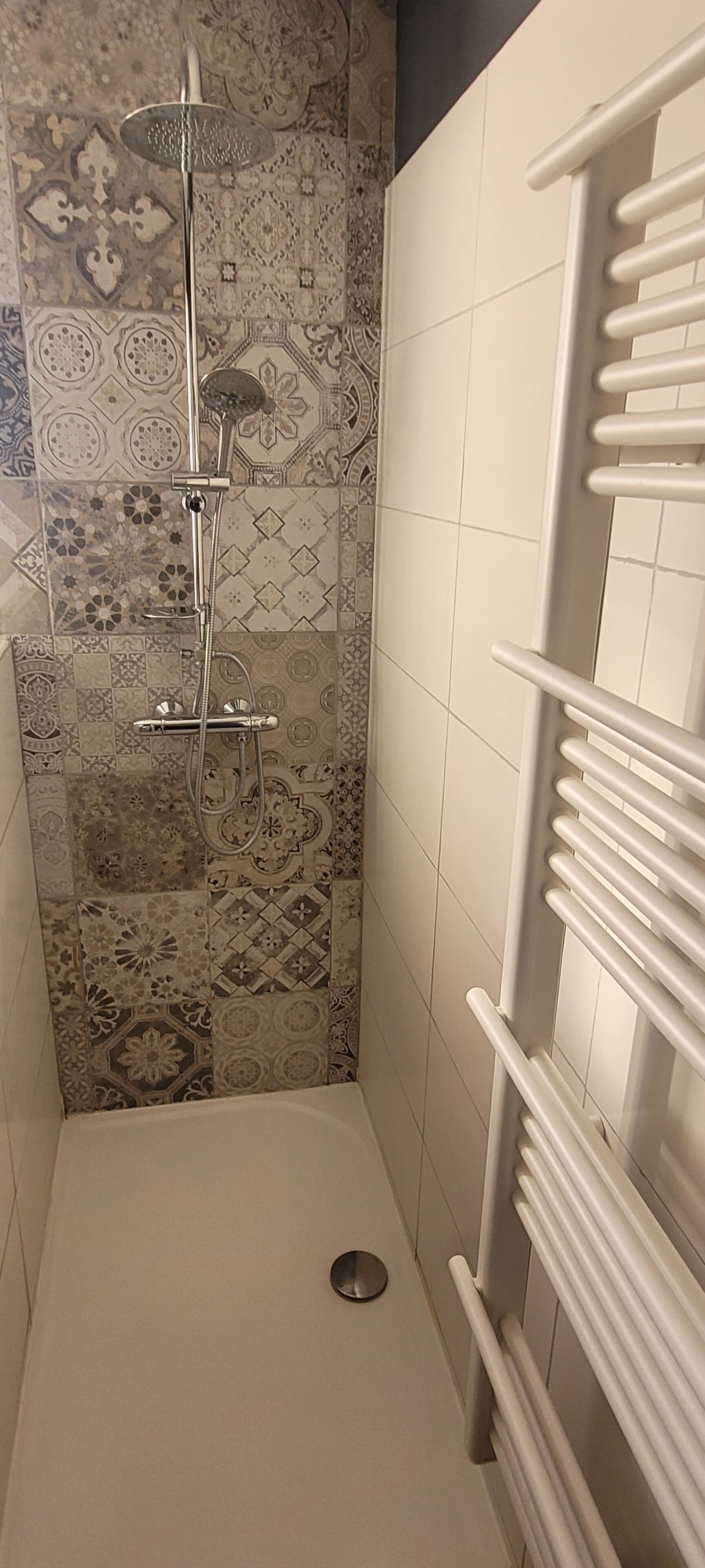 Eine Dusche mit Handbrause und am Wand montiertem Wasserhahn, ein weißer Handtuchhalter und eine Wand mit gemusterten Fliesen.